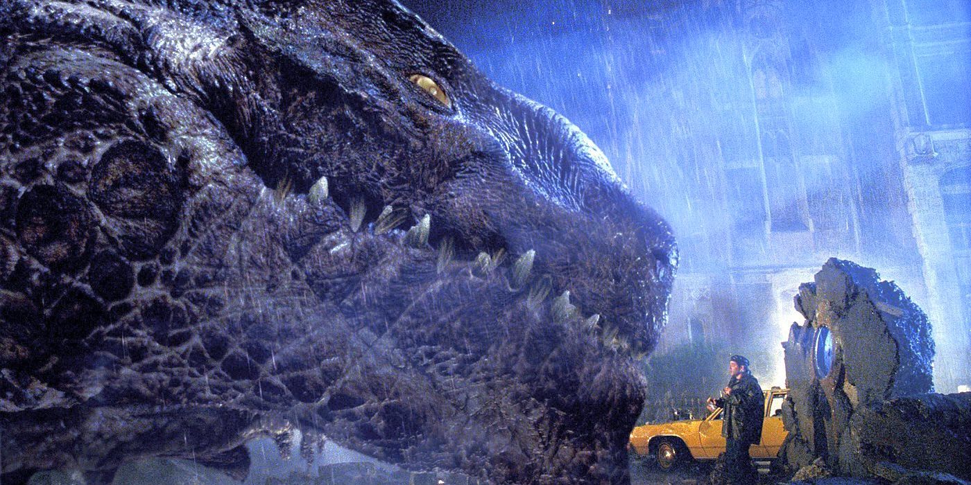 Godzilla olhando para Nick de Matthew Broderick em Godzilla 1998
