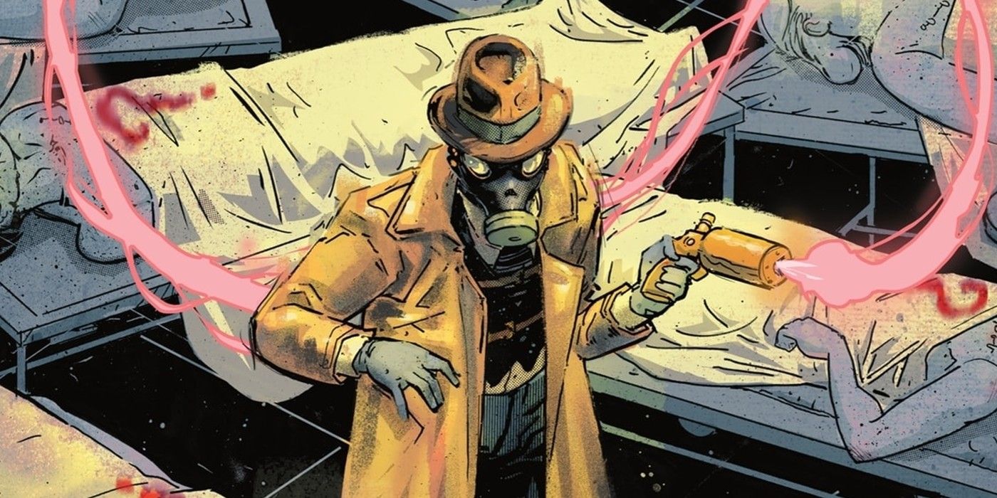 Image of the Golden Age Sandman standing in a morgue holding his sleeping gas gun.