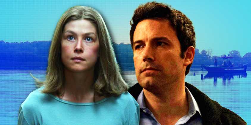 Blended image of Amy (Rosamund Pike) and Nick Dunne (Ben Affleck) overtop a water background in Gone Girl