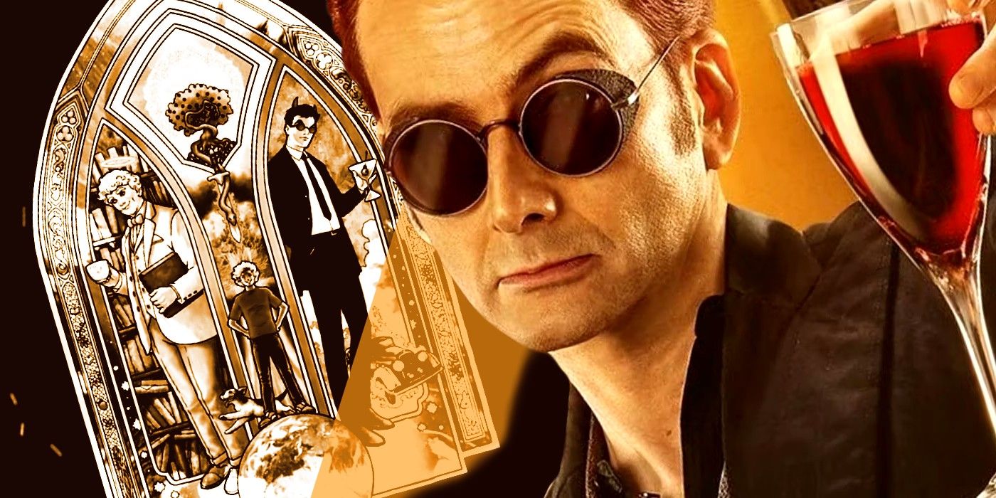 good omens crowley with comic adaptation cover behind him