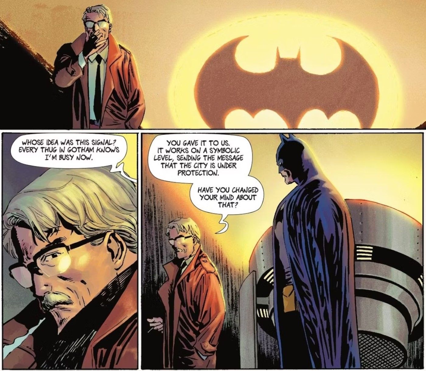 Comic book panels: an older man (Commissioner Gordon) stands in front of the yellow Bat-Signal as he talks to Batman.