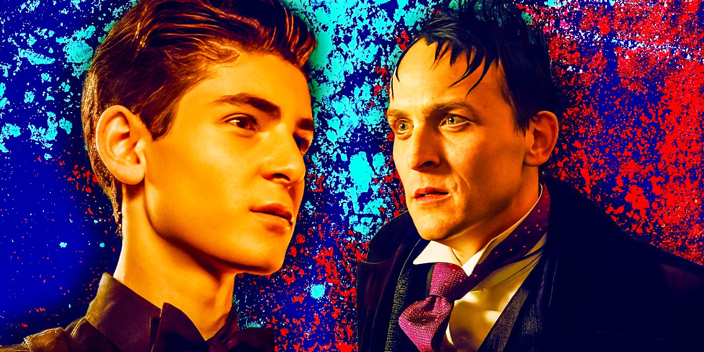 Custom image of Gotham's Bruce Wayne and Penguin looking at each other in front of a blood splatter backdrop