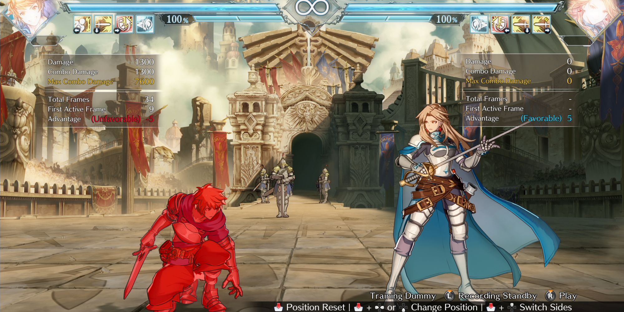 Training mode showing damage counts and Katalina taunted a kneeling and red Gran