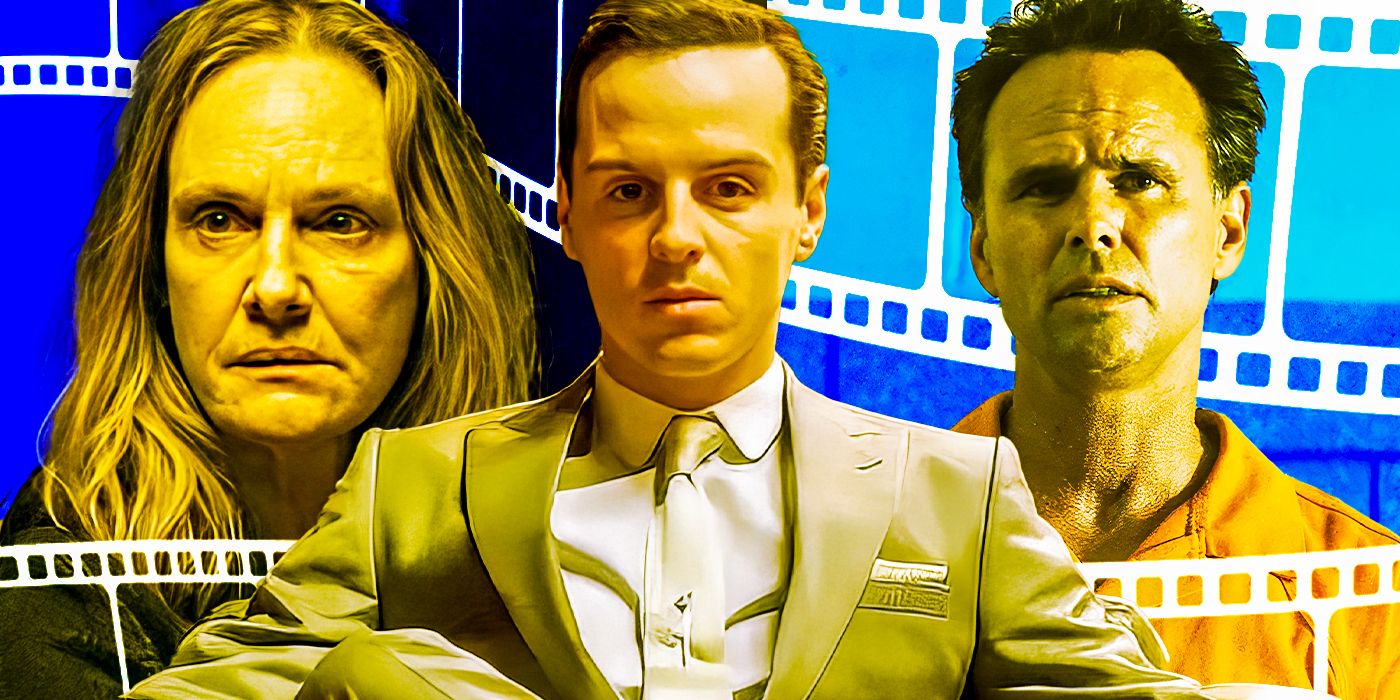 Moriarty from Sherlock with Ozark&rsquo;s Darlene Snell and Justified&rsquo;s Boyd Crowder in a collage.