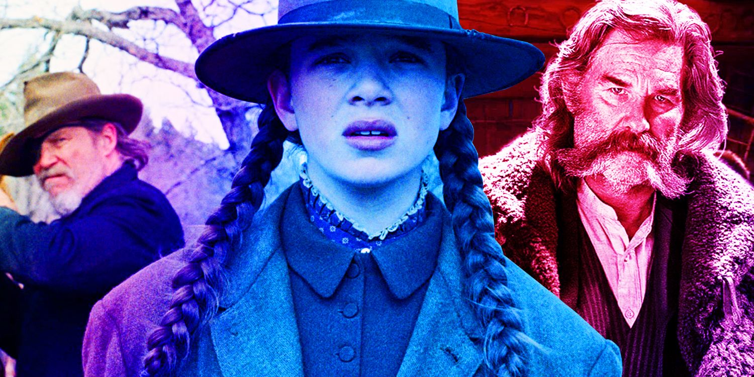 Collage of Jeff Bridges as Deputy U.S. Marshal Rooster Cogburn and Hailee Steinfeld as Mattie Ross in True Grit, and Kurt Russell as John