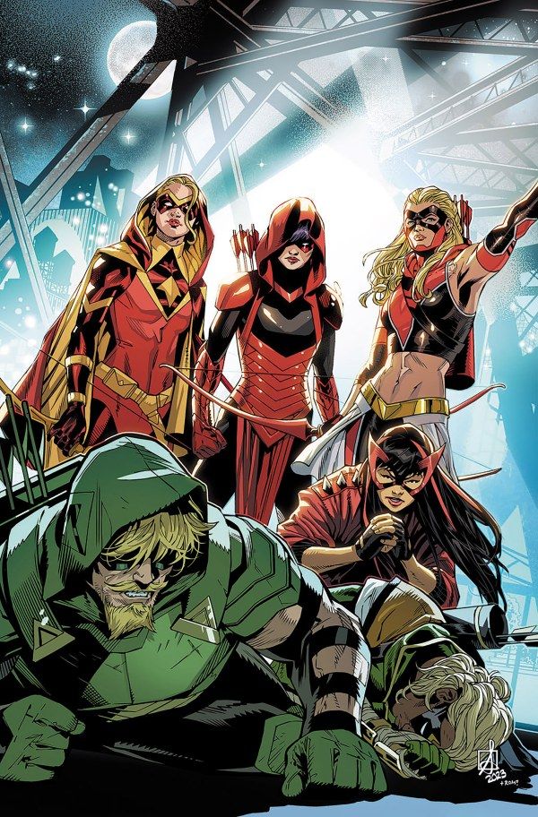 Green Arrow #10 Cover featuring Oliver Queen, Red Canary, Connor Hawke, Speedy, and others