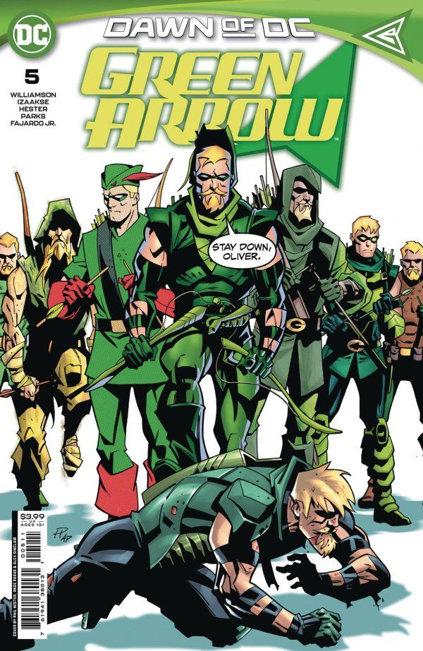 Green Arrow #5 Cover featuring Oliver Queen throughout the years of DC history
