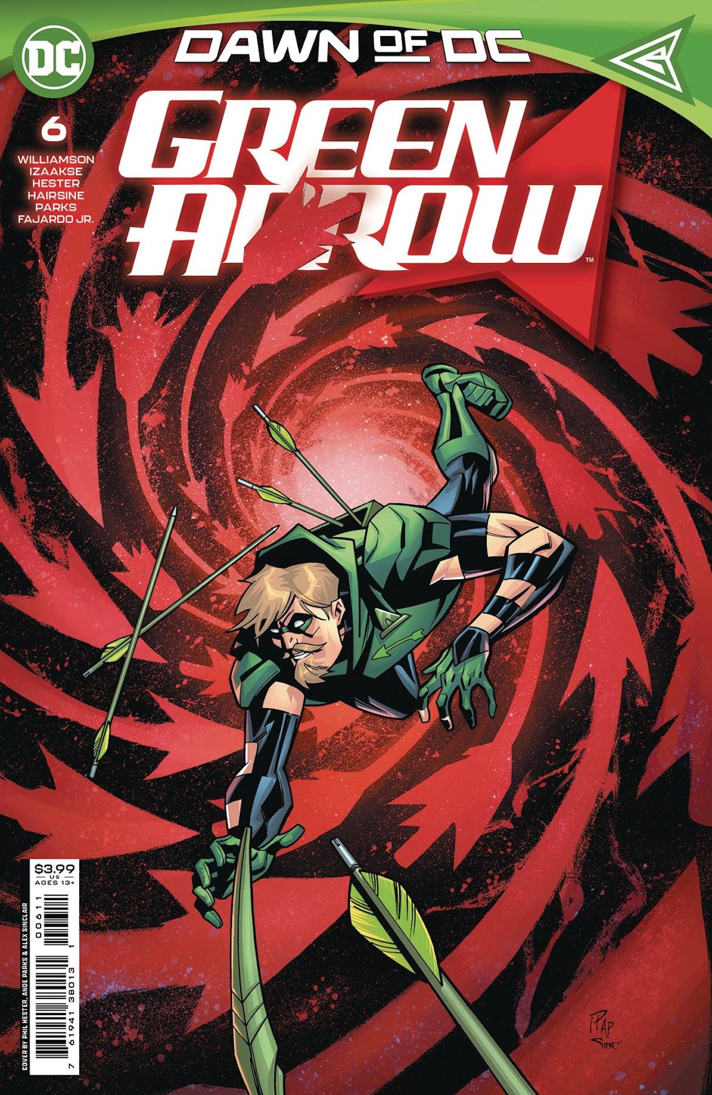 Portada principal de Green Arrow 6: Superhéroe disfrazado Green Arrow cayendo en un remolino rojo con flechas a su alrededor.