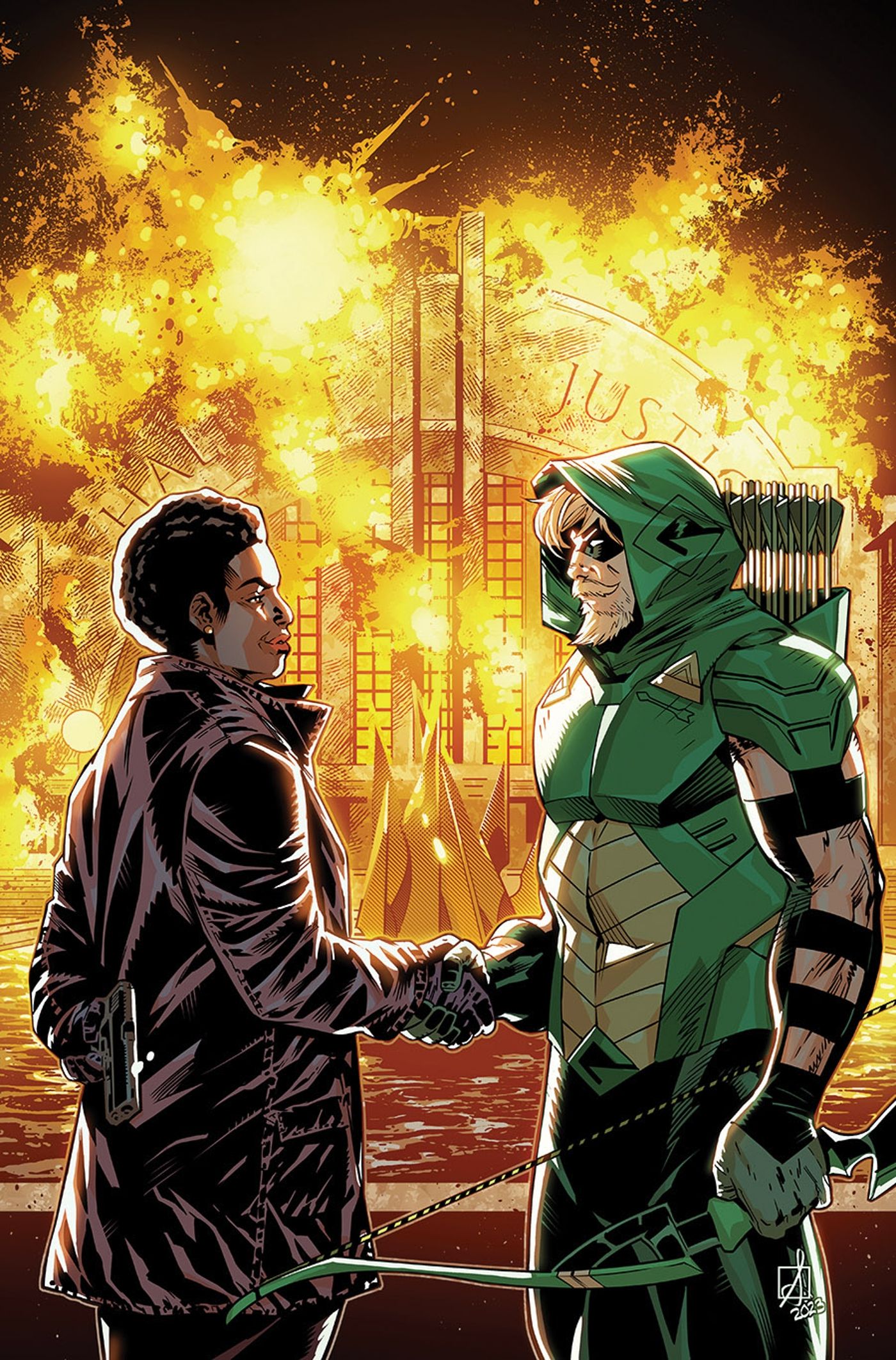 Amanda Waller (left) shakes hands with Green Arrow (right) in front of an exploding building.