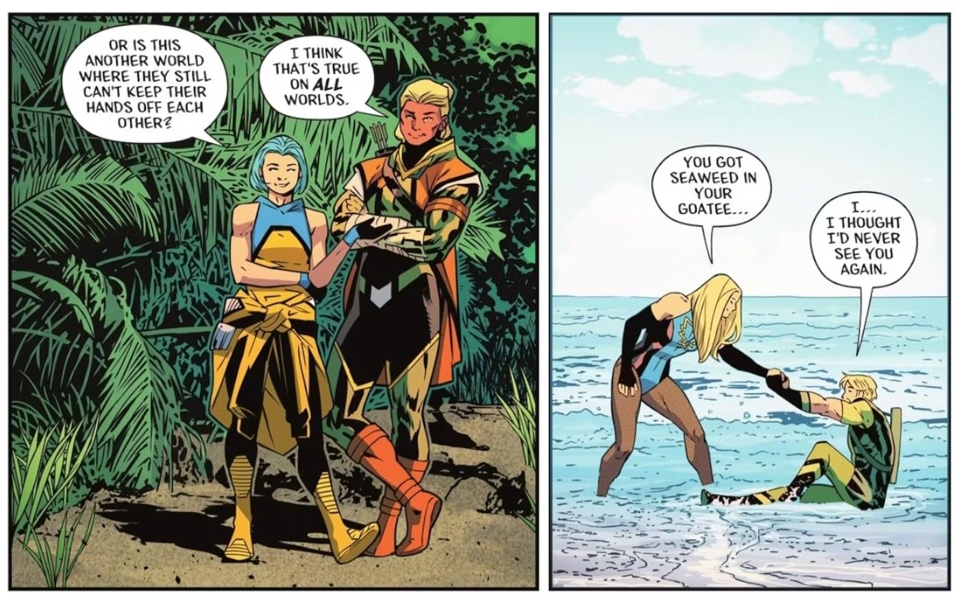 Paneles de cómics: superhéroes disfrazados están juntos en una playa.