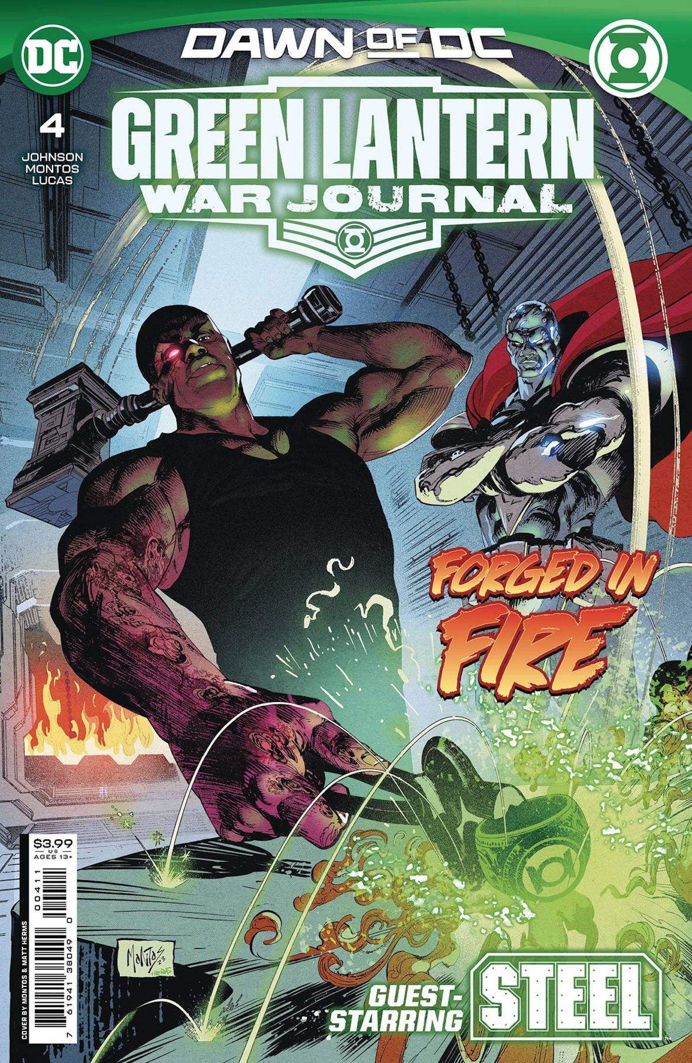 Green Lantern War Journal 4 Main Cover: John Stewart works on a Green Lantern Ring as Steel watches.