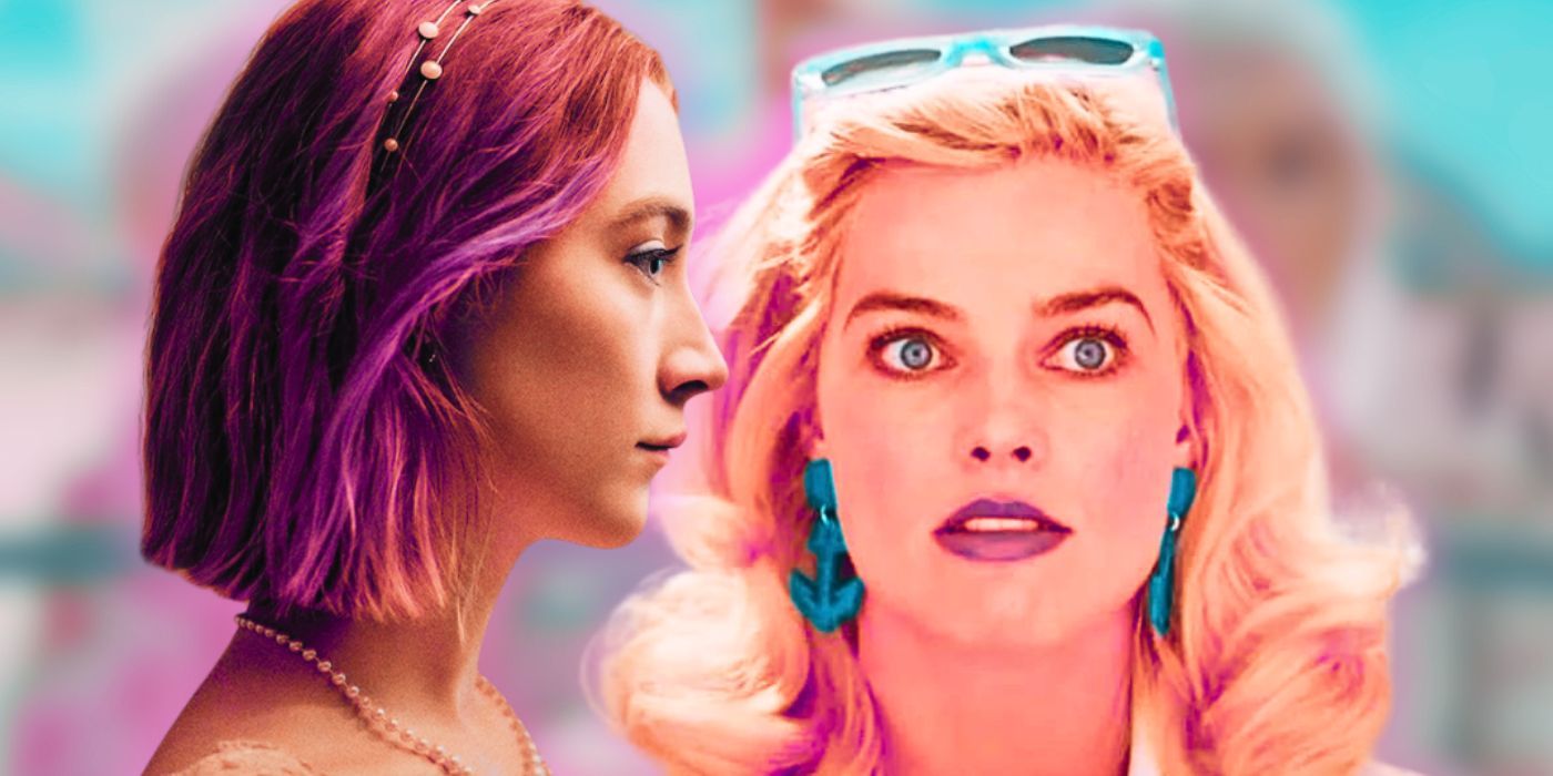 Collage of Greta Gerwig's Lady Bird and Barbie, featuring Saoirse Ronan and Margot Robbie