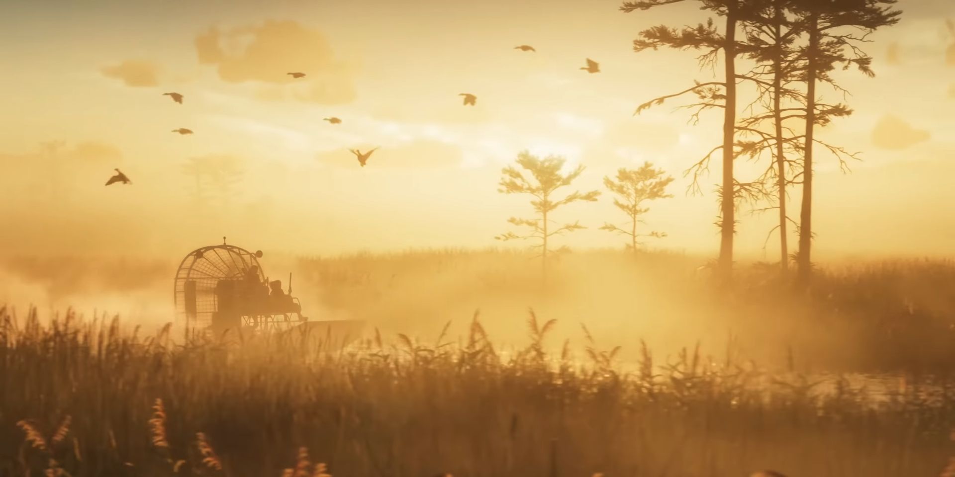 A fanboat speeds through the flooded grassland in a screenshot from the GTA 6 trailer as birds fly overhead.