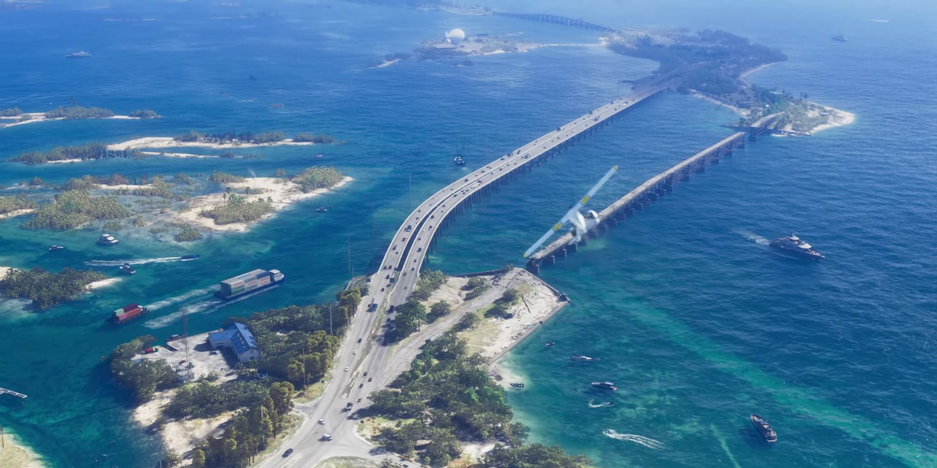 Varias islas frente a la costa de Leonida conectadas por autopistas en una captura de pantalla del tráiler de GTA 6.