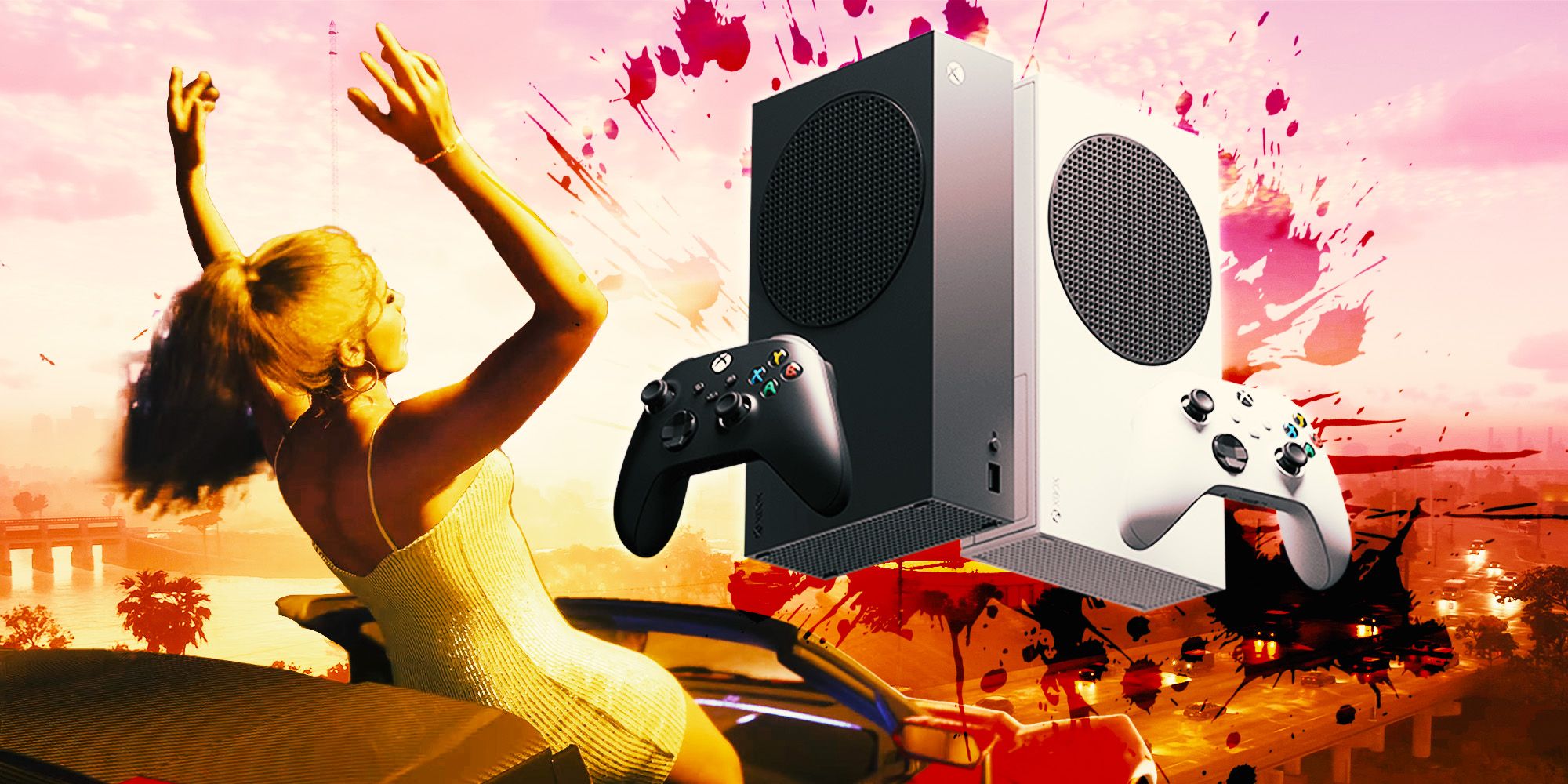 GTA 6's Lucia leans back in a convertible on a Vice City highway, arms in the air. Next to her are images of the Xbox Series X and S, surrounded by a red splatter.