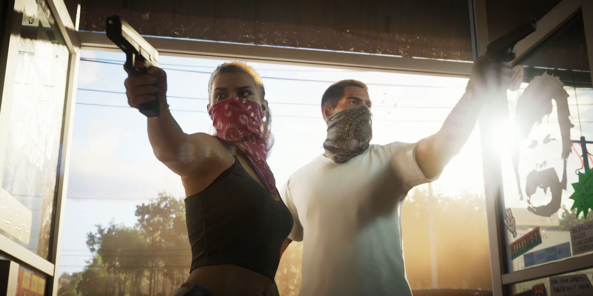 Two people opening double doors and pointing pistols. They both have bandanas tied around they lower half of their faces.