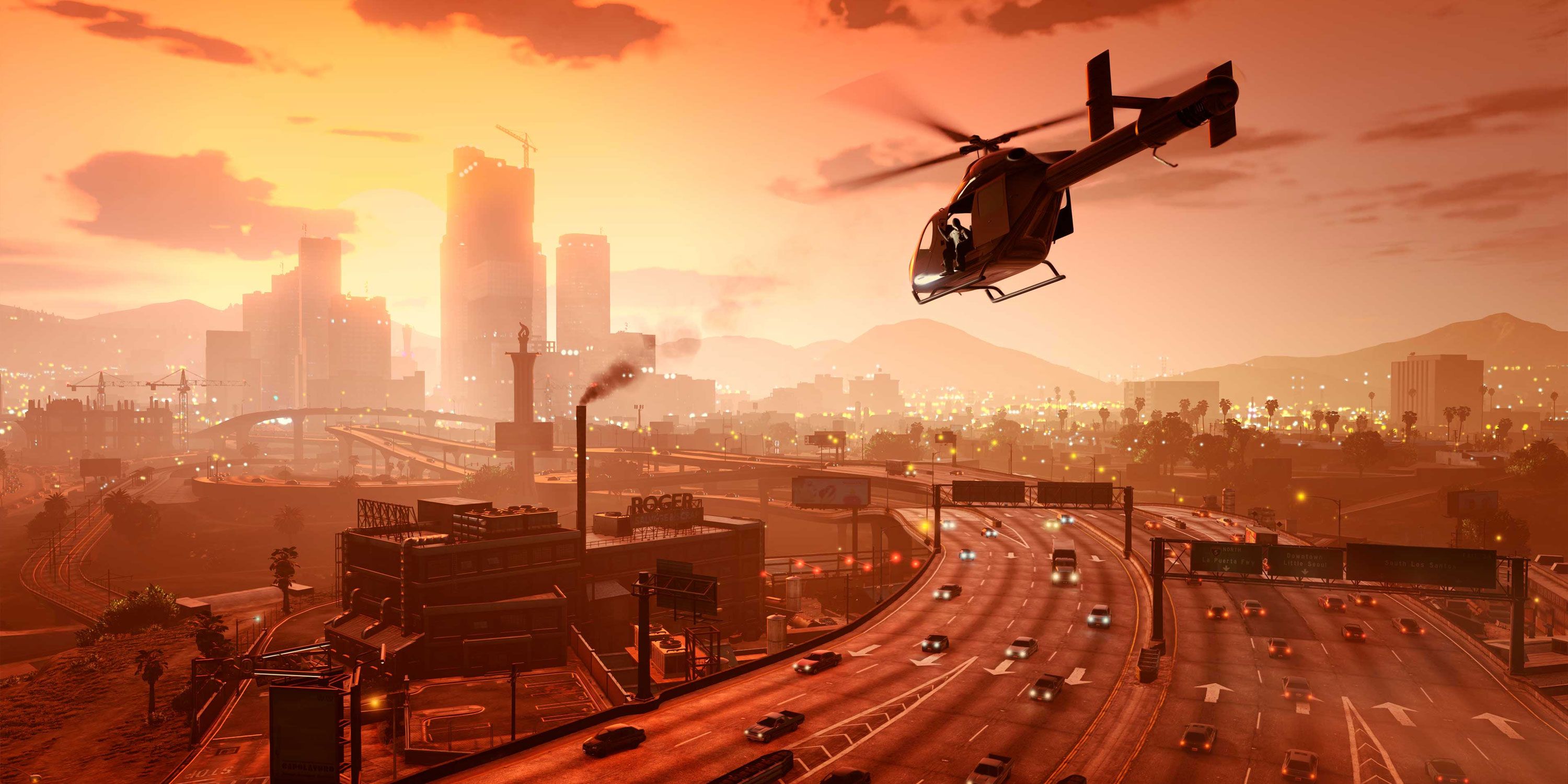 Um helicóptero sobrevoando Los Santos no GTA Online.