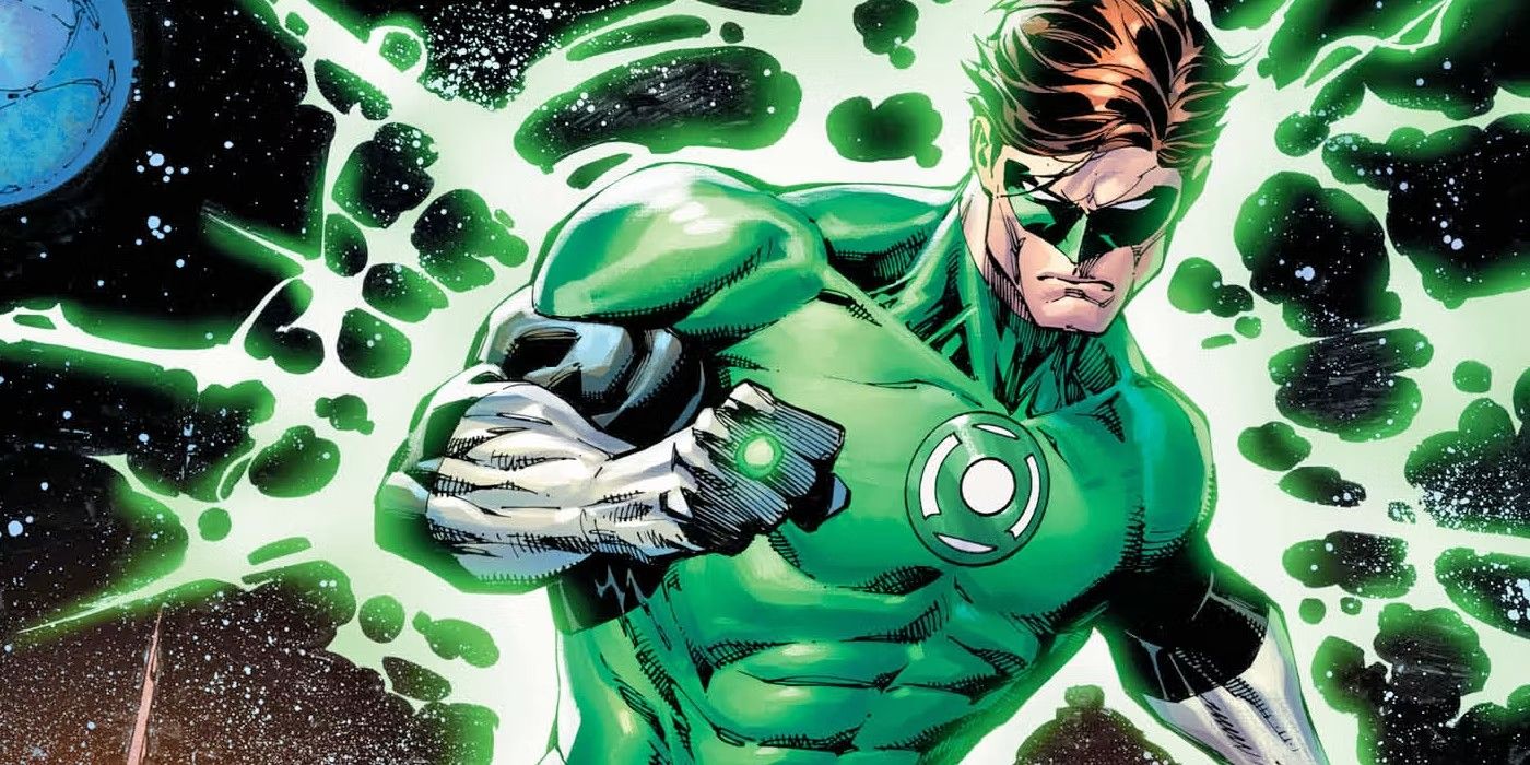 Hal Jordan in his Green Lantern suit flying in space surrounded by green energy in a DC Comic