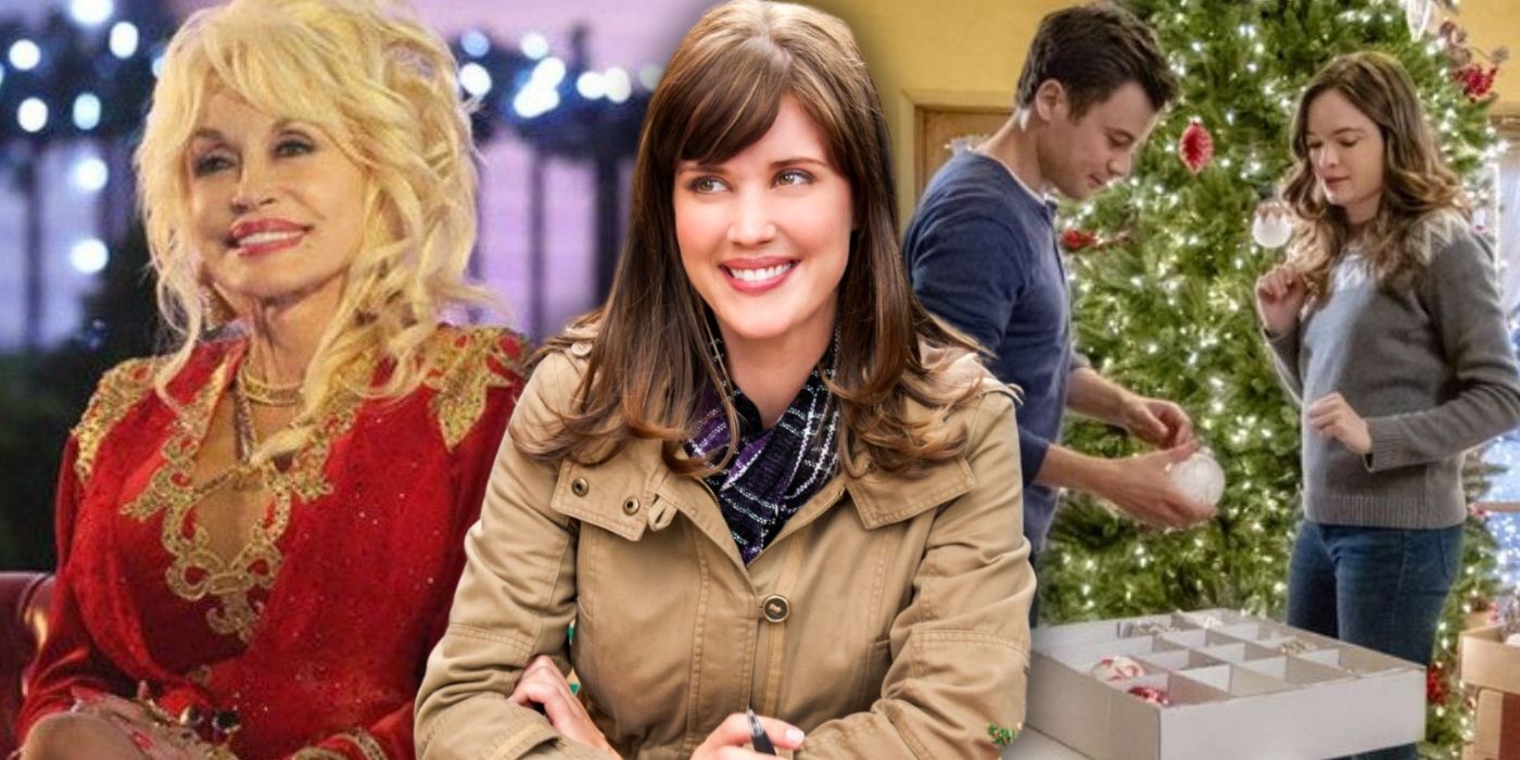 A Collage of Three Images from Hallmark Christmas movies, including one of Dolly Parton