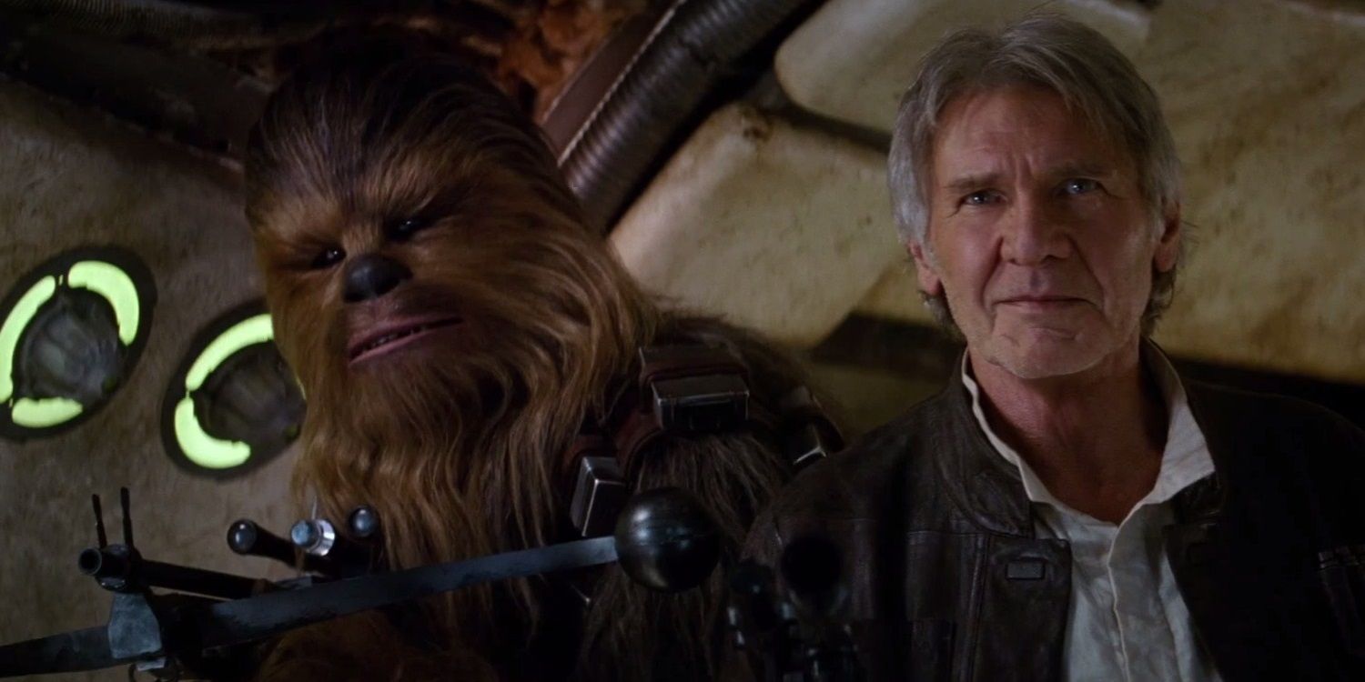 Han e Chewie com blasters em Star Wars: O Despertar da Força