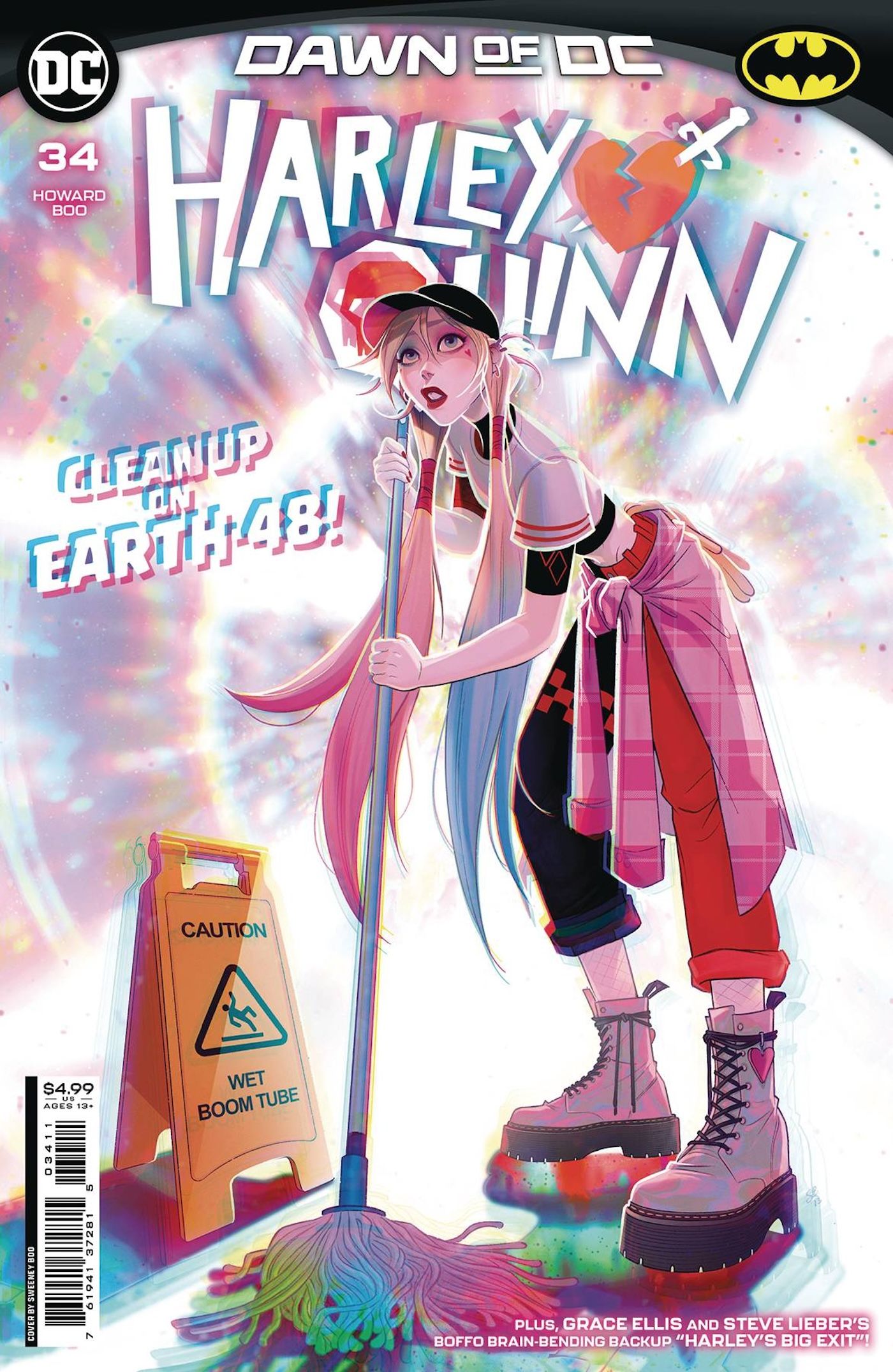 Harley Quinn 34 Main Cover: A pale woman (Harley) with long blonde pigtails and a baseball hat stands in a cosmic tunnel with a mop and a wet floor sign.