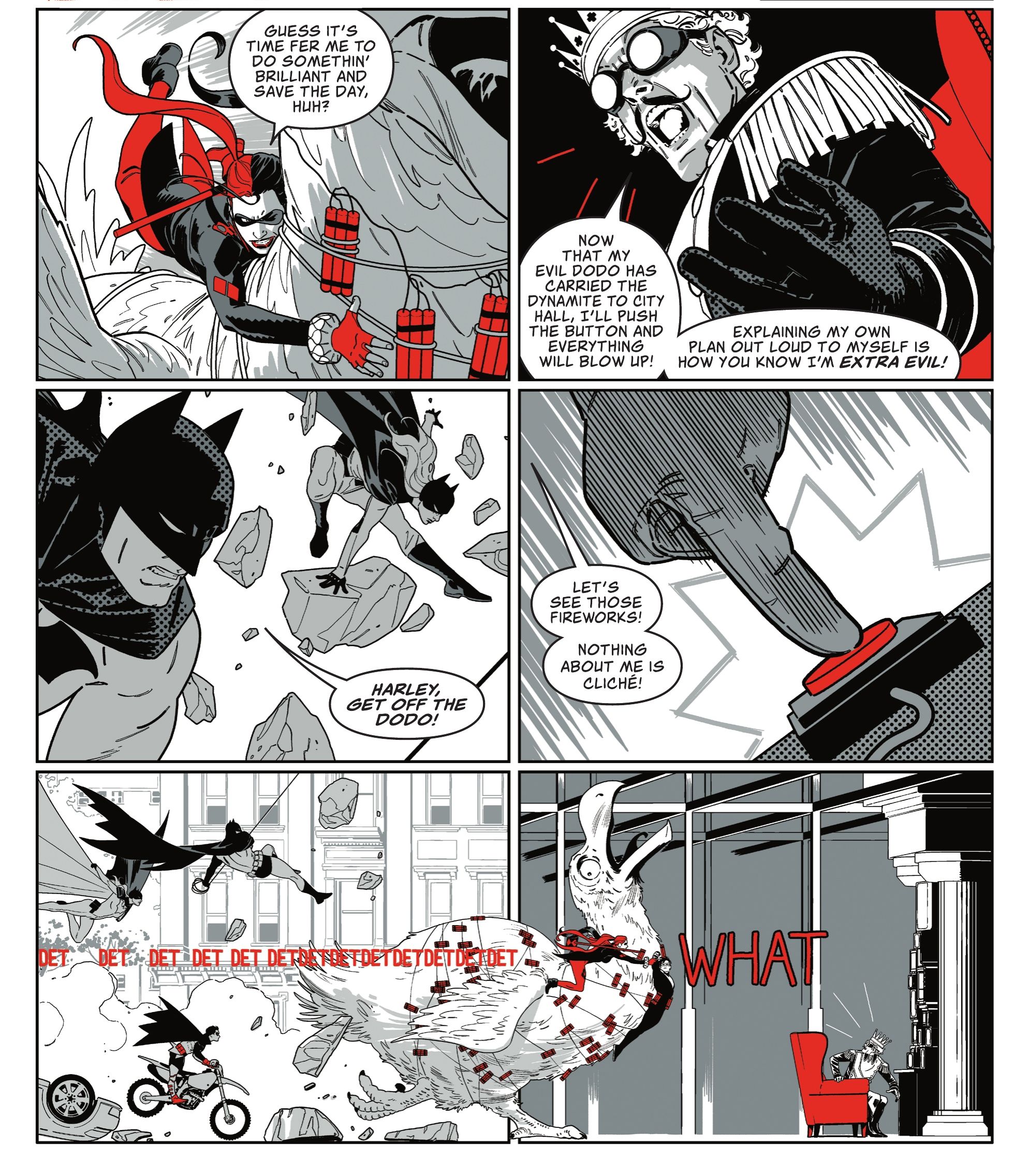 Harley Quinn: Black + White + Redder #6 Page 12 panels of Harley using the comic format to outsmart the villain