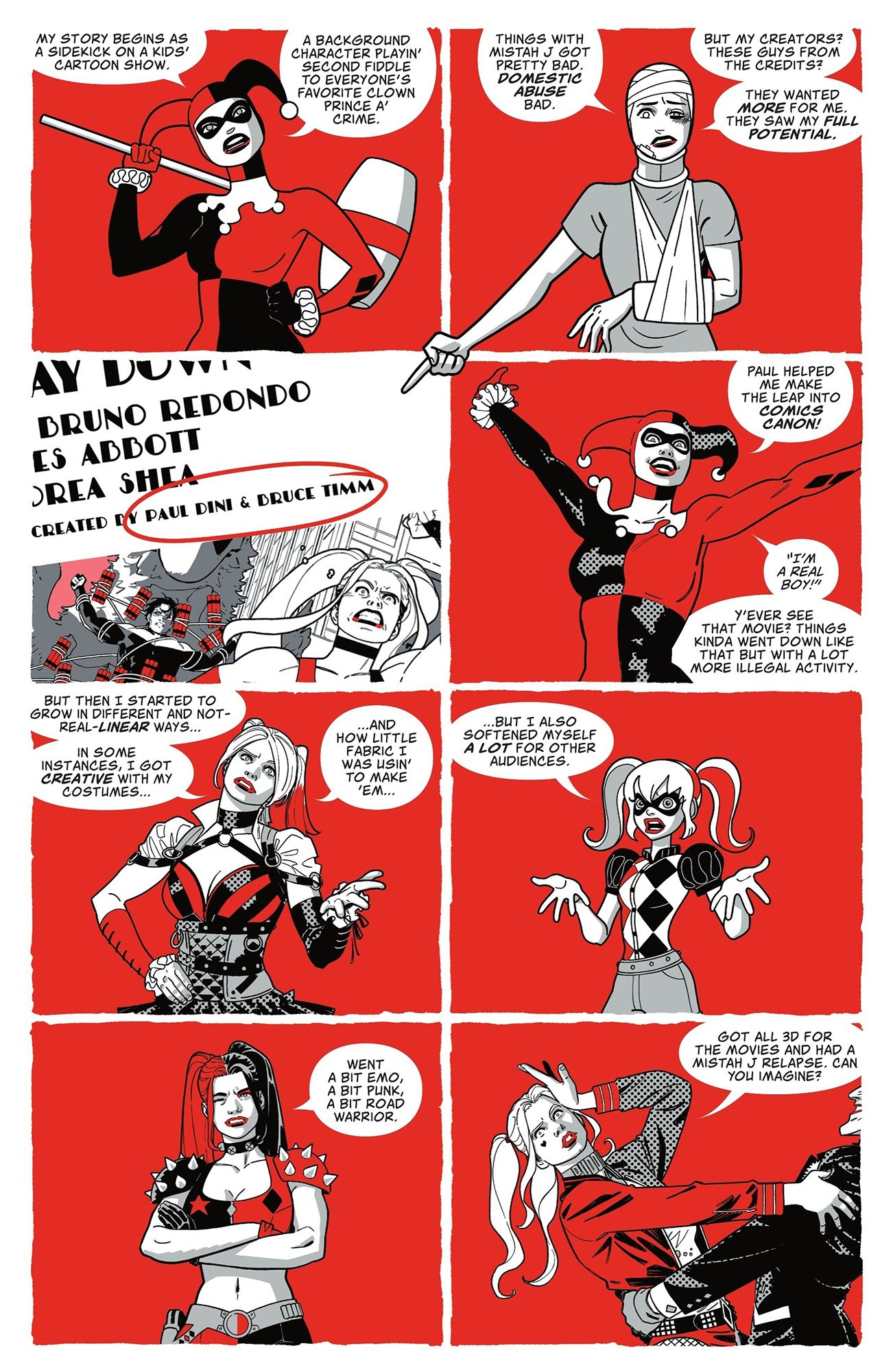 Harley Quinn Black + White + Redder #6 Page 9 - 8 panels of Harley speaking to the audience about her character origin and iterations