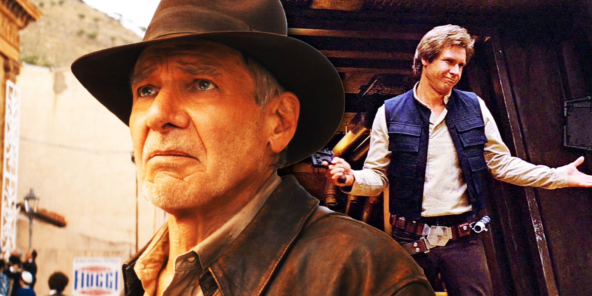 A collage of Harrison Ford as Indiana Jones and Han Solo in Star Wars