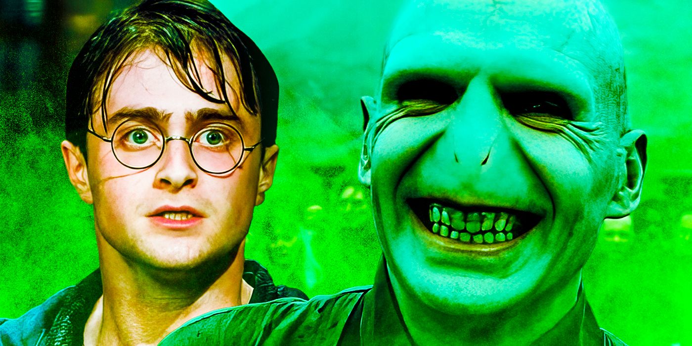Harry Potter looking scared next to Lord Voldemort smiling