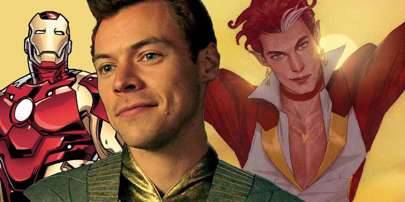 Harry Styles as Starfox, his comics counterpart, and Iron Man on a yellow background