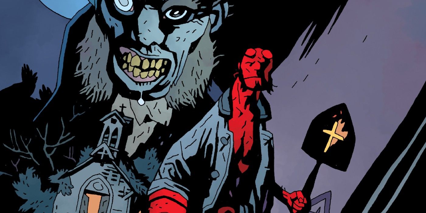 Hellboy segura uma pá com uma cruz enquanto o Crooked Man paira sobre uma igreja em The Hellboy Comics