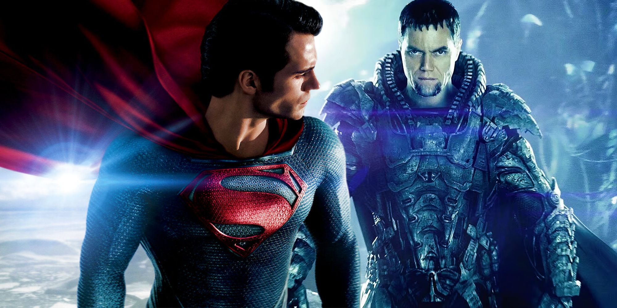 Henry Cavill como Superman con el sol detrás de él en Man of Steel junto al General Zod