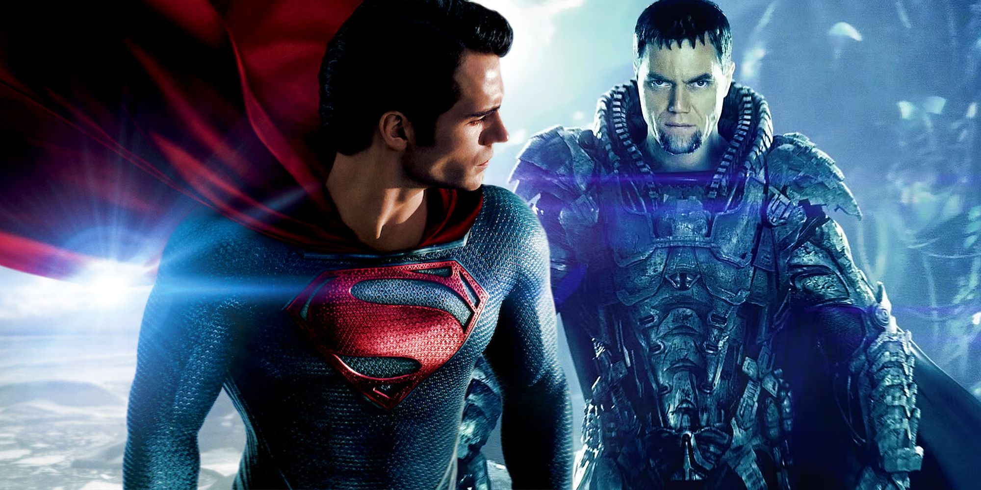 Henry Cavill as Superman with the sun behind him in Man of Steel next to General Zod