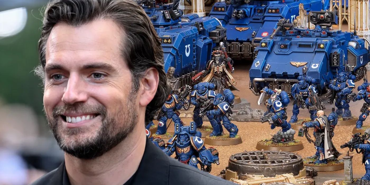 A composite image of Henry Cavill and Warhammer 40k figures