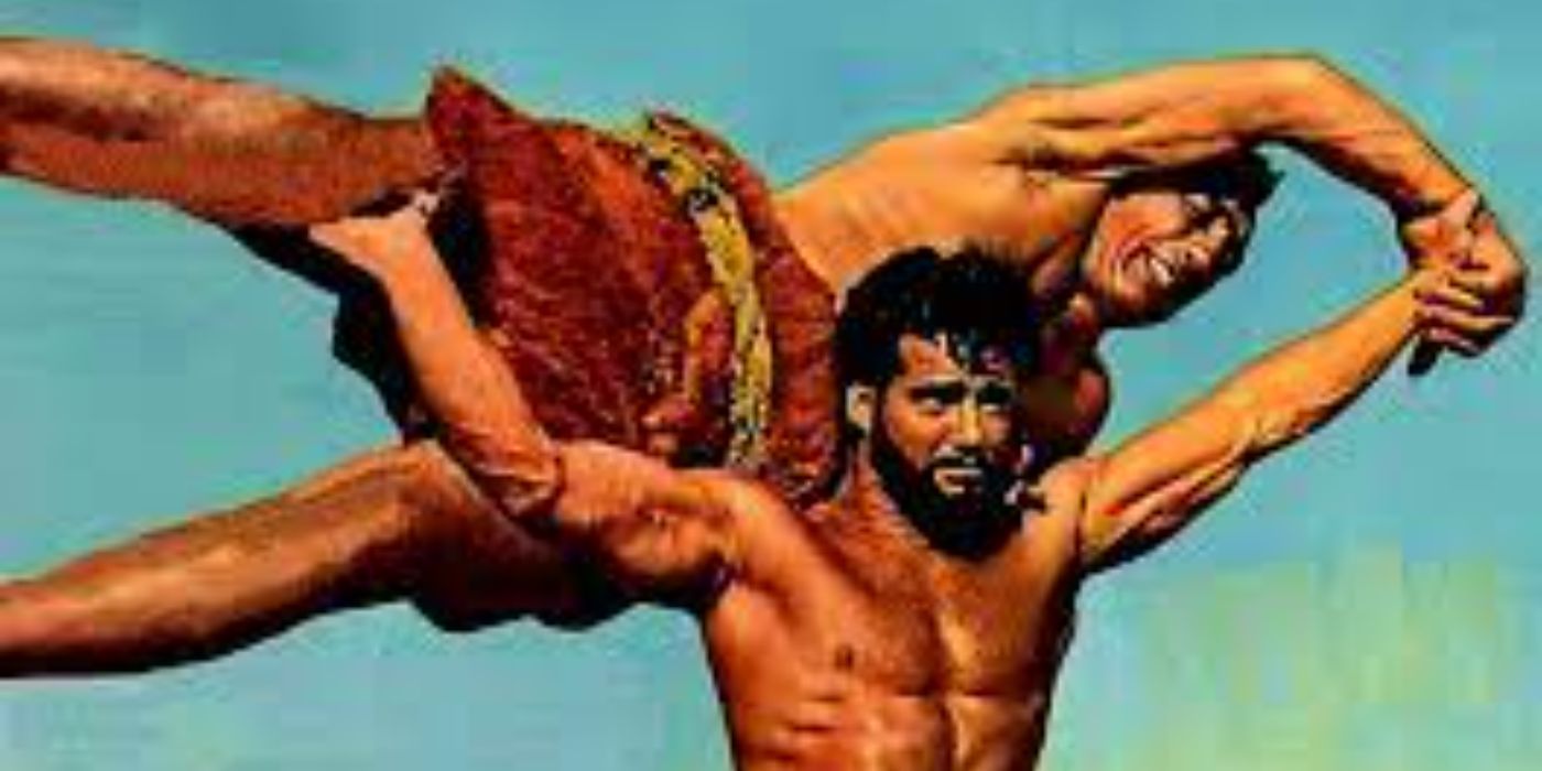 Hercules holding a man over his head in Hercules Unchained