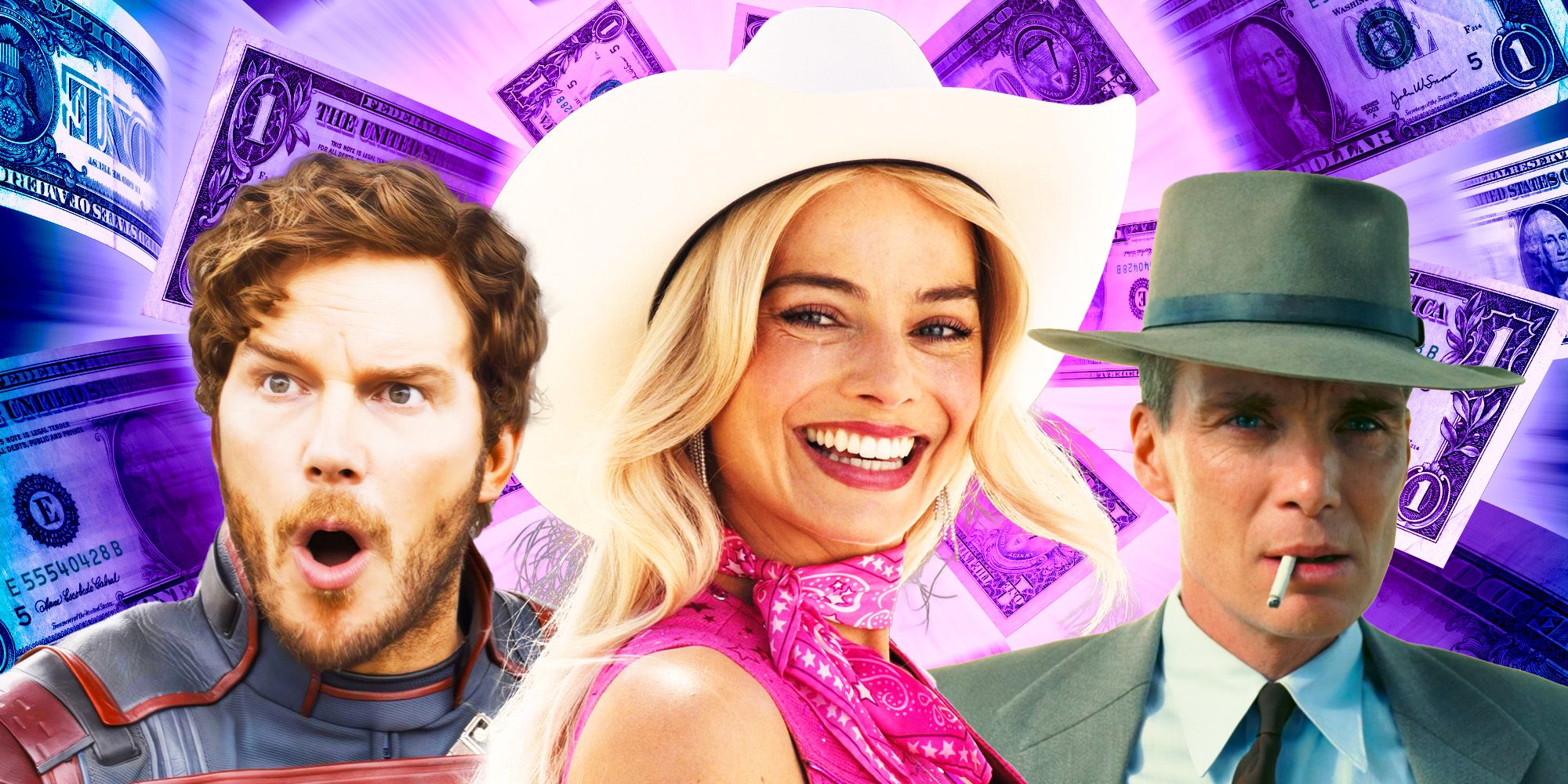 Star-Lord surprised in Guardians of the Galaxy Vol. 3, Barbie smiling in Barbie, and J. Robert Oppenheimer smoking a cigarette in Oppenheimer with money behind them