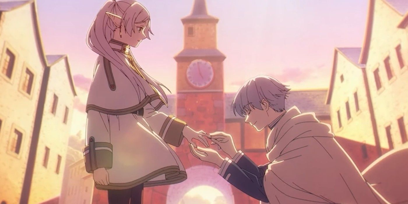 Himmel gives Frieren a ring in front of a clocktower.