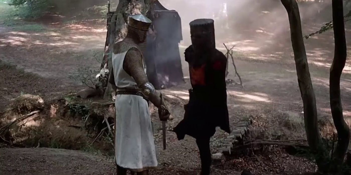 King Arthur fights the Black Knight, who only has one leg left.  (Monty Python and the Holy Grail)