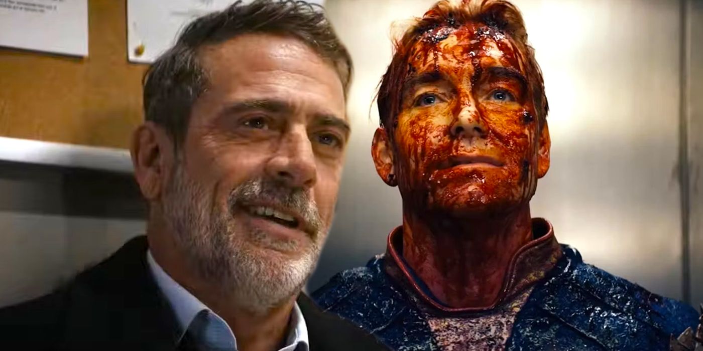 Custom image of Jeffrey Dean Morgan smiling and Homelander covered in blood in The Boys season 4