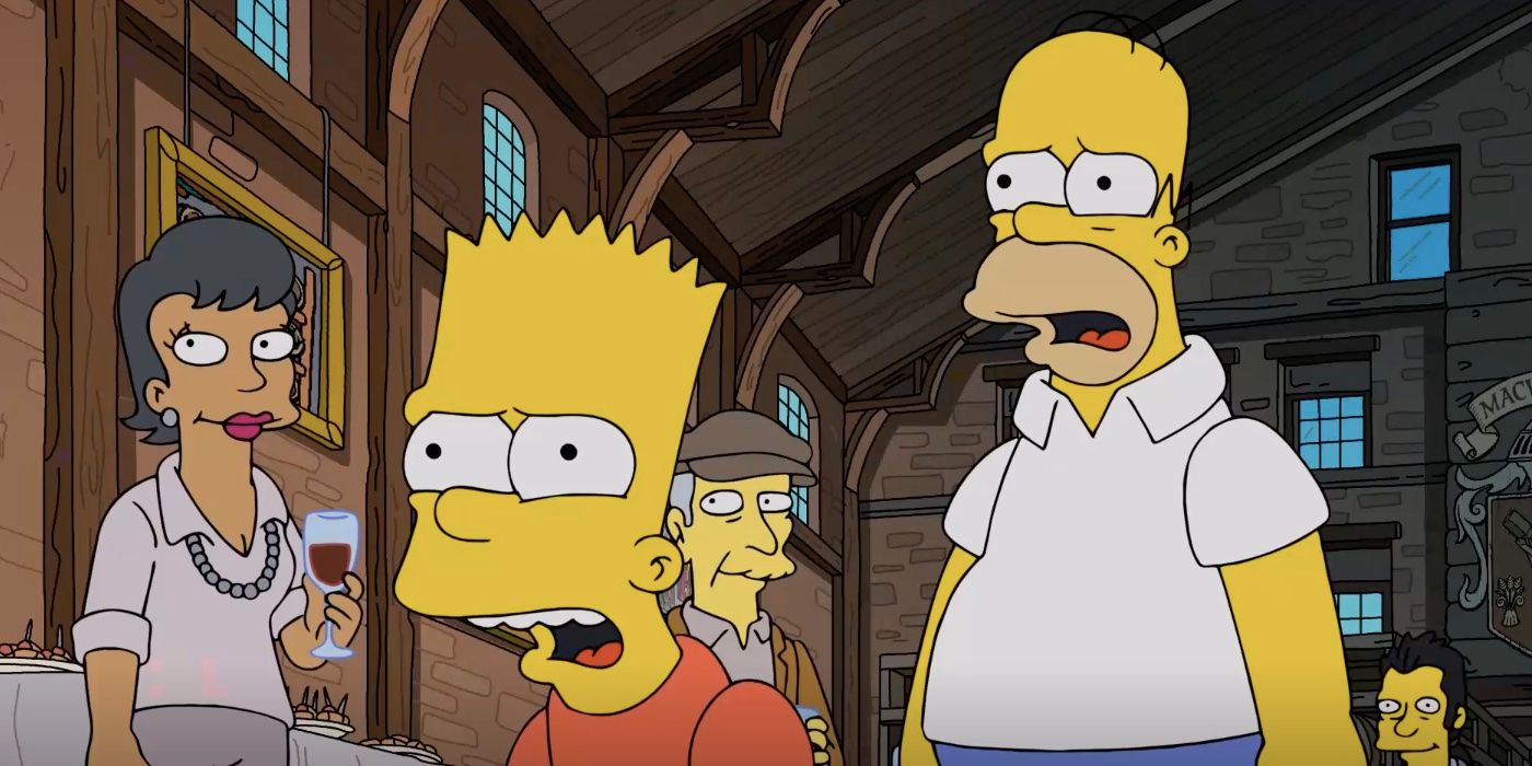 Homer and Bart look horrified in a converted barn as other onlookers smile in The Simpsons season 35 episode 8