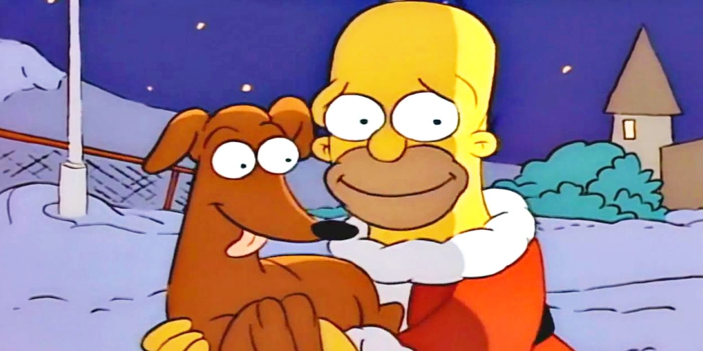 Homer holds Santa's Little Helper and smiles in The Simpsons season 1, episode 1