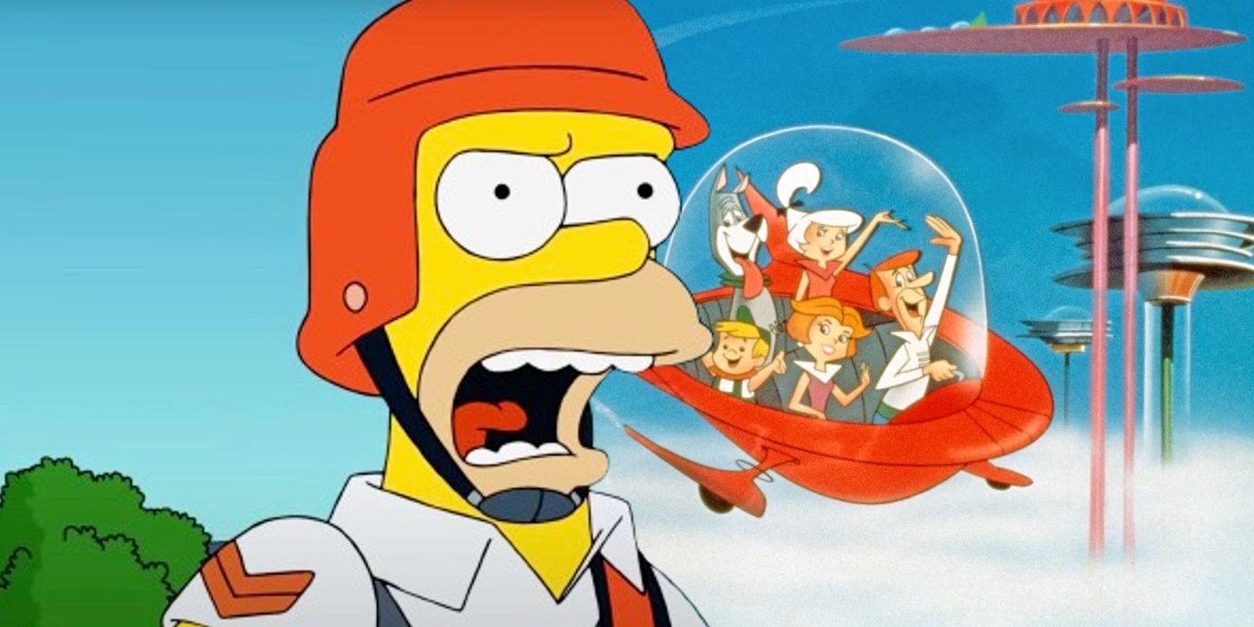 Homer wearing a helmet and yelling in The Simpsons juxtaposed with the Jetsons family flying in a space ship in The Jetsons.