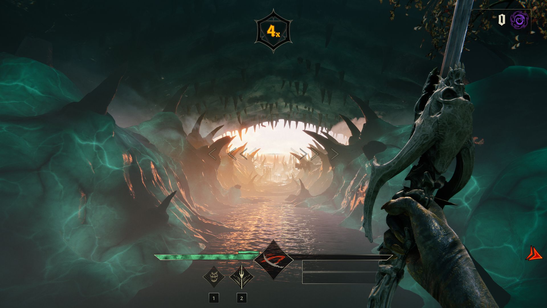 Screenshot from new Metal Hellsinger horde mode shows players looking out of the mouth of a giant create that has large spikes coming out of it&rsquo;s throat as it pulsates a light green.