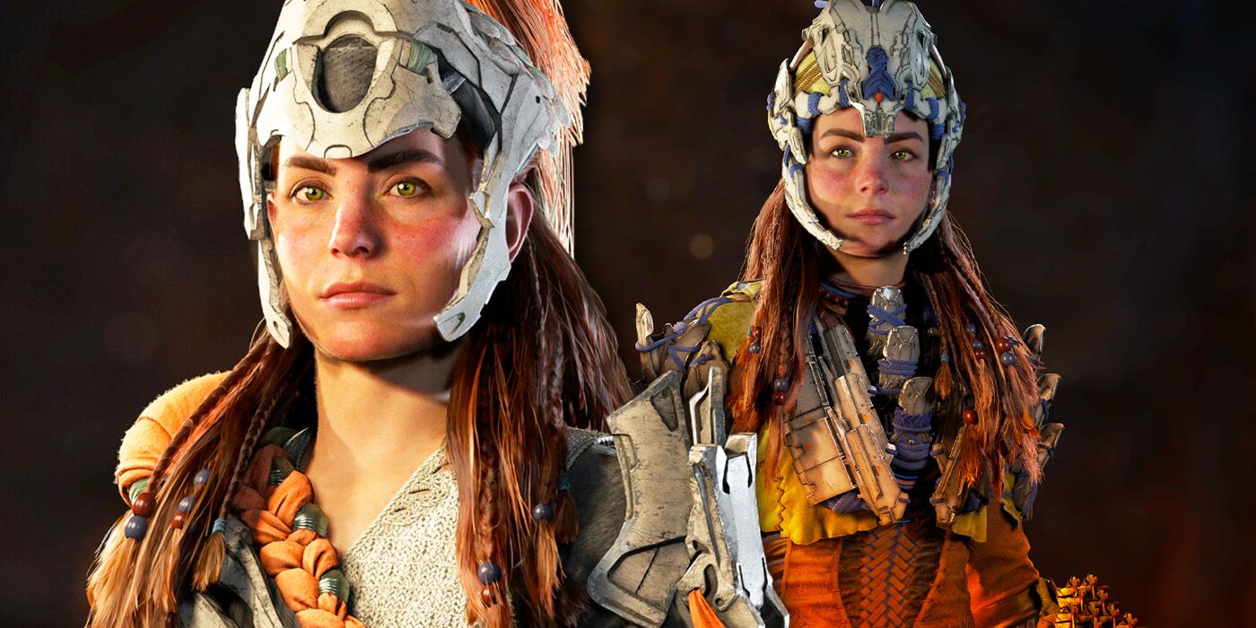 A closeup of Aloy in the Quen Deadeye legendary armor, and a wider shot of Aloy in the Quen Marine legendary armor in screenshots from Horizon: Forbidden West.