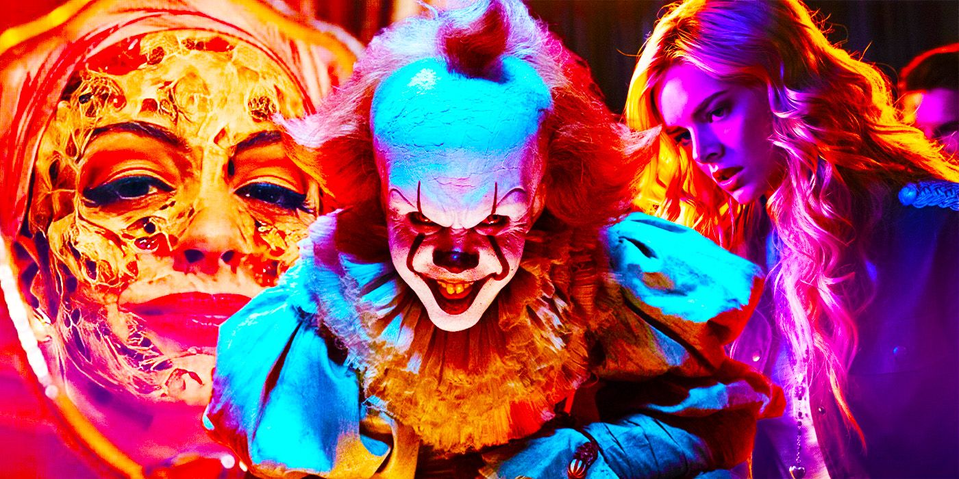 Horror Movie Villains Collage: Anne Hathaway in The Witches, Pennywise in IT, and Samara Weaving in The Babysitter