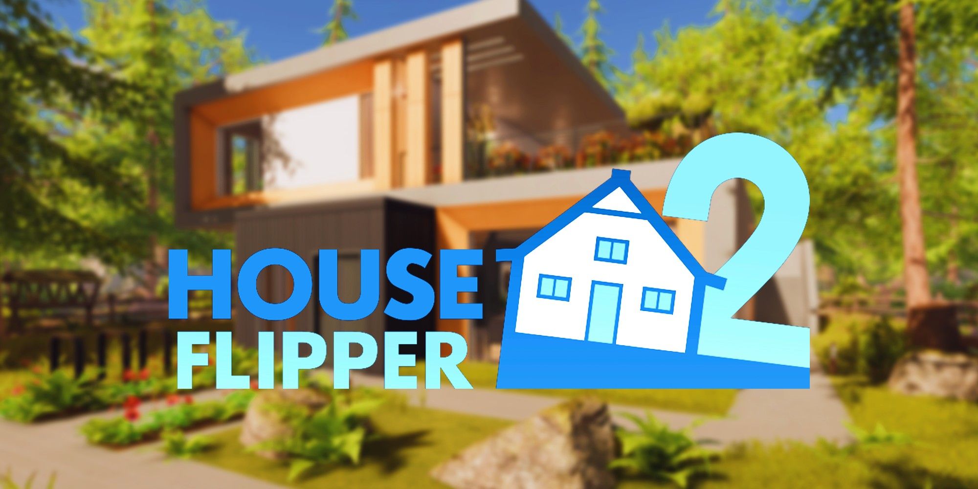House Flipper 2 text logo over an image of a house from the game.