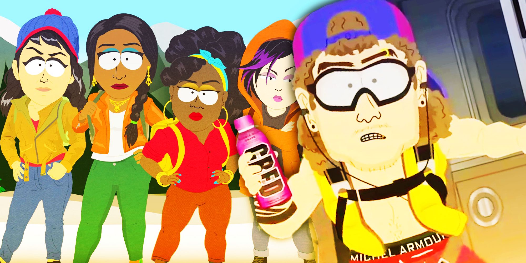 The cast of South Park (Not Suitable for Children) with a bottle of Cred.