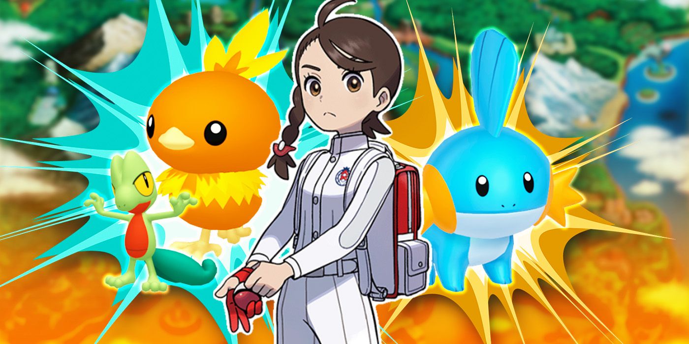 Pokemon Scarlet & Violet Main Character with Treeko, Torchic, and Mudkip Starters from Gen 3