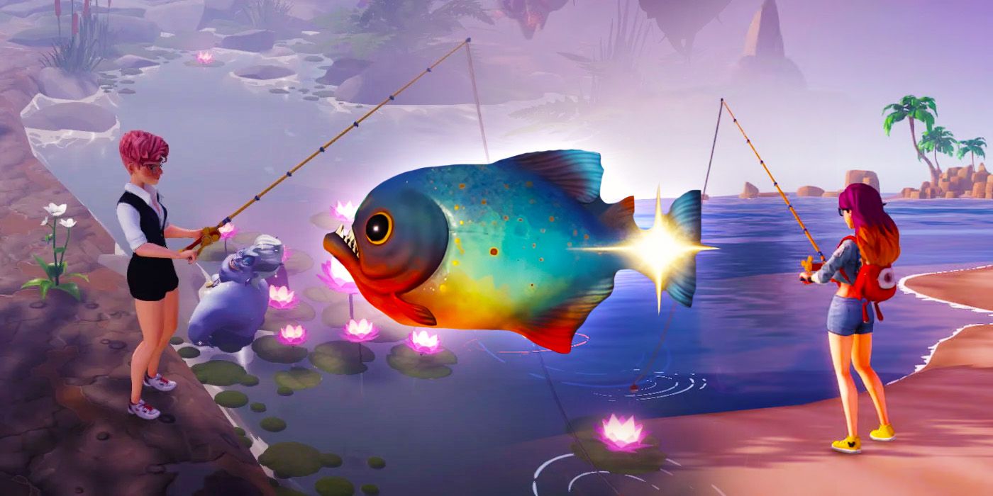 Two Players fishing with a Piranha in the middle from Disney Dreamlight Valley