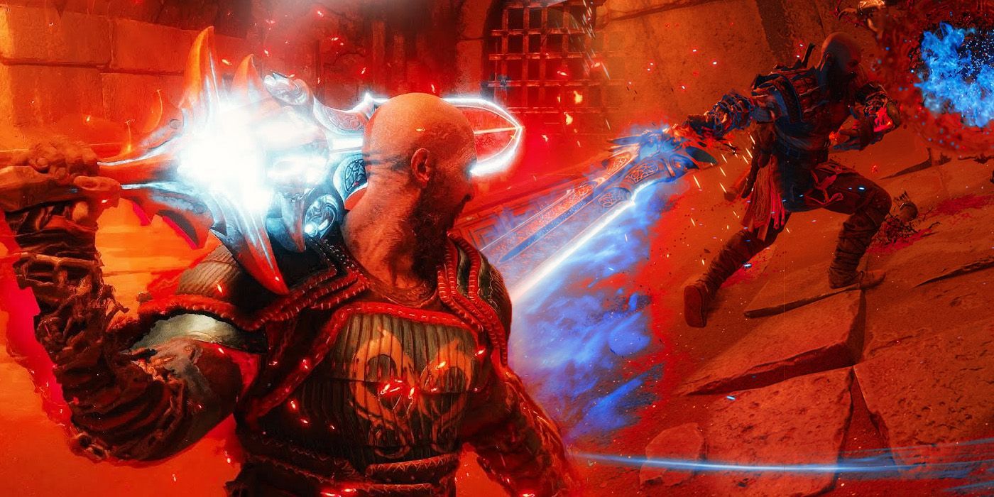 Two shots of Kratos wielding the Blade of Olympus in God of War Ragnarok Valhalla.